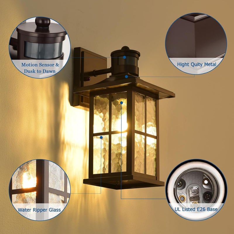 FLEDAVID 2 Pack Motion Sensor Outdoor Wall Lights Dusk to Dawn Exterior Porch Lantern Brown Outside Sconce Lighting Fixtures Rustic Farmhouse Wall Mount Carriage Lamp for House Garage Patio - Image 3